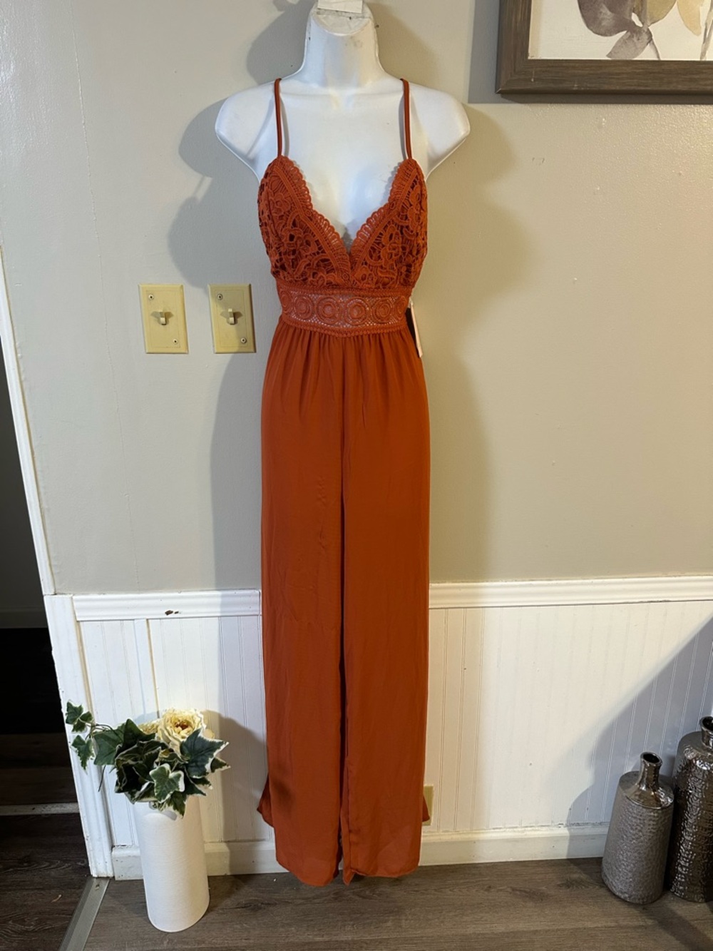 Lace Bodice Spaghetti-Strap Jumpsuit in Rust